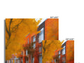 A square of wood panels painted with an apartment building and trees.