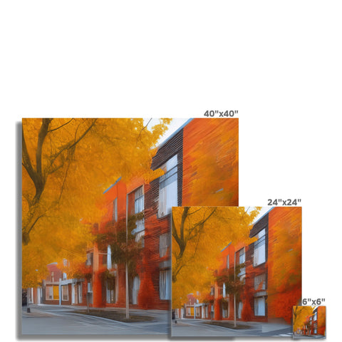 A square of wood panels painted with an apartment building and trees.
