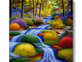 A beautiful river flowing down a stream, with a colorful art print on it.