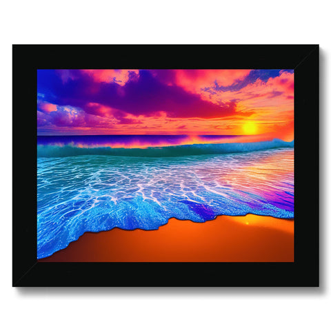 A sunset with colorful pictures on a white frame with a beach backdrop in the background.