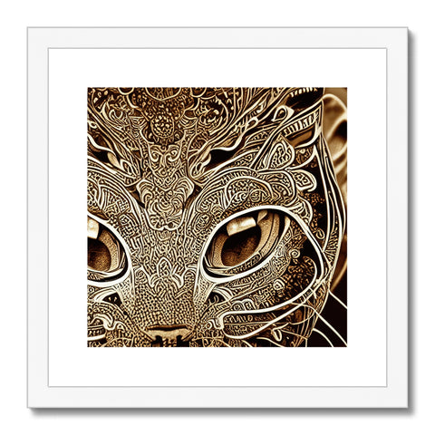 A black and white picture of a cat with the color of gold framed art printed on