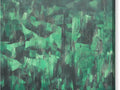A painting of greens on glass furniture is hanging from a window ledge