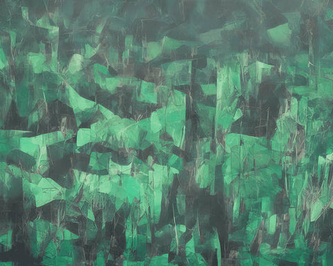 A painting with a green draping over a pile of glass