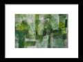 An abstract painting that shows a green field with vegetation