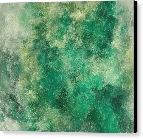 A painting of ocean waves and green grass on a green border painted onto a piece of