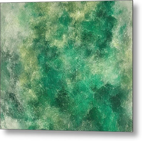 a painting that has a white background with green waves of sea