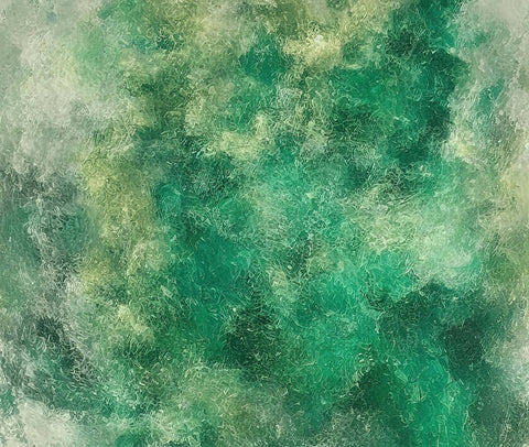 An abstract painting in different green shades of blue against a green grassy color.