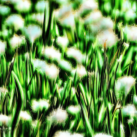 A section of tall grass covered with white dandelions sitting next to a large,