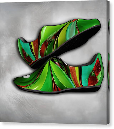 An abstract design is painted on a shoe with a dragon sitting on it