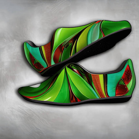 A pair of shoes are decorated in the shape of a rainbow.