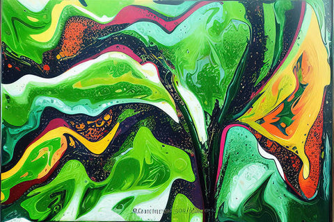 An abstract painting of green and lime with bright orange and black colors on the side