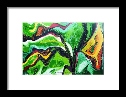 An art print in white and black with a colorful water line