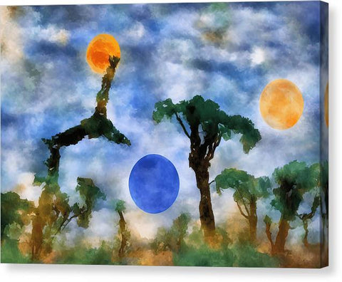 Art print with planets hanging in the air blue mountains and the moon