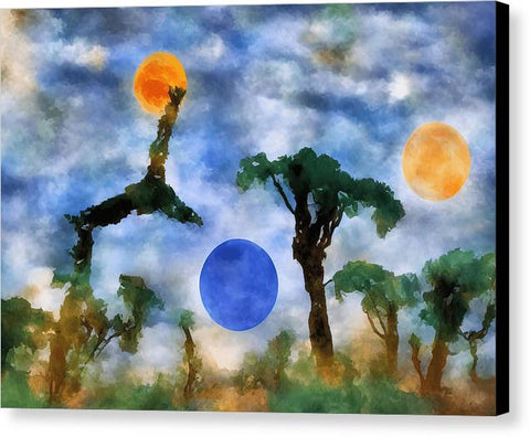 Art print with planets hanging in the air blue mountains and the moon