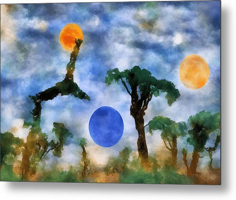 An orchard with several trees hanging in a sky with a glowing moon on a piece