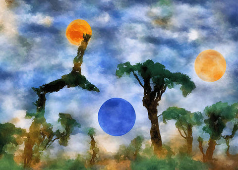 An orange, blue, blue and yellow tree falling in a field under the moon.