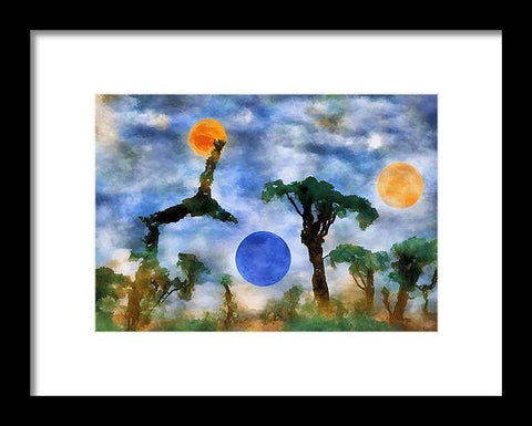 A painting with the moon flying above a tree by top of a tree