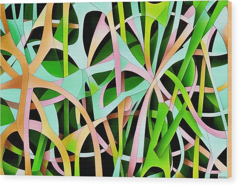 An abstract art painting in a green field with grassy trees and plants.