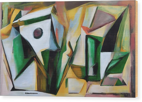 An abstract painting of three women standing next to each other sitting on a bench.