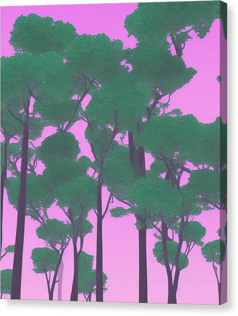 Art print on white bed linen covered in purple flowers on a forest bed.