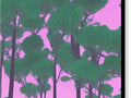 a purple print covered tree with a forest canopy of trees