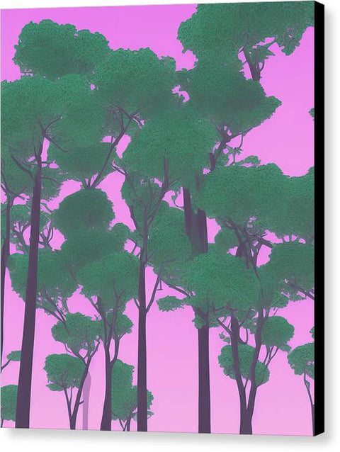 a purple print covered tree with a forest canopy of trees