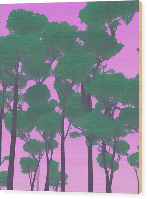 Art print behind trees in a rainforest with pink flowers and tropical trees.