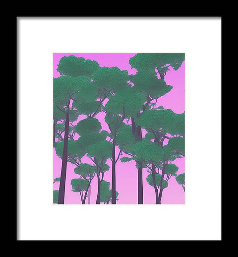 Art print of the view of pinewoods trees and green mountains.