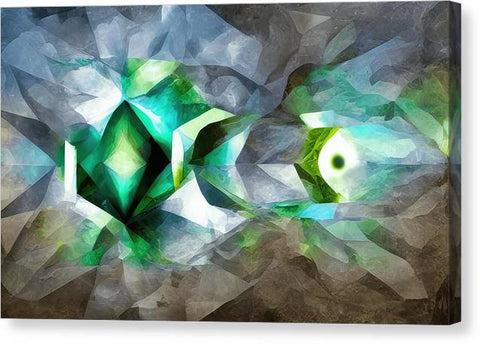 An emerald colored wall art print covered in shiny glass and metal pieces.