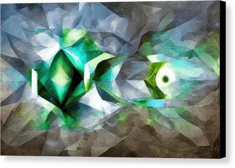 A green and grey art print surrounded with green shards of glass