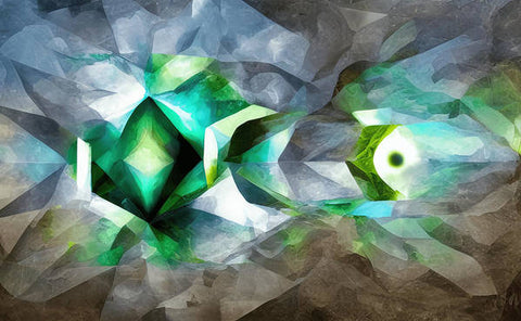a green geometric form made of crystal shards sitting in a pile of wood
