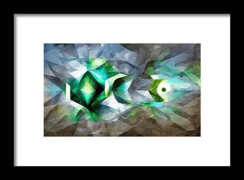 a silver art print with many facets looking in the direction of the color green