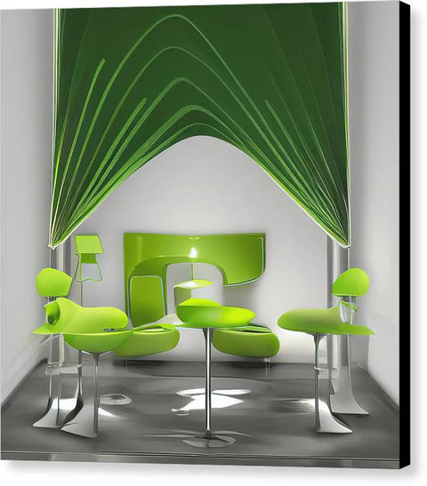 A window filled with green draping open in a room with a computer sitting next