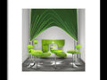 A green dining room setting with green chairs a couple of a pillows and