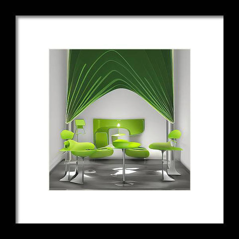 A green dining room setting with green chairs a couple of a pillows and