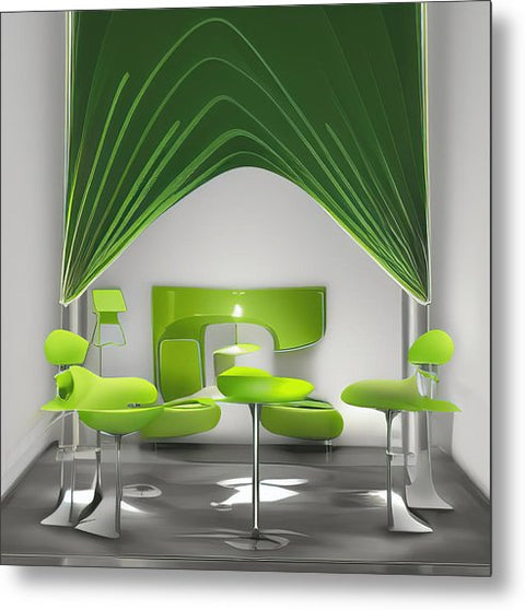 Green drapes sit on a white desk with a chair and laptop under a window