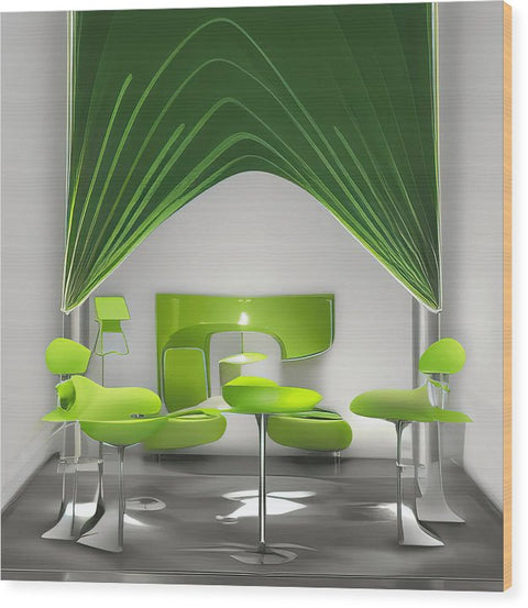 a glass panel has two tall green trees sitting behind an umbrella on a white wall with