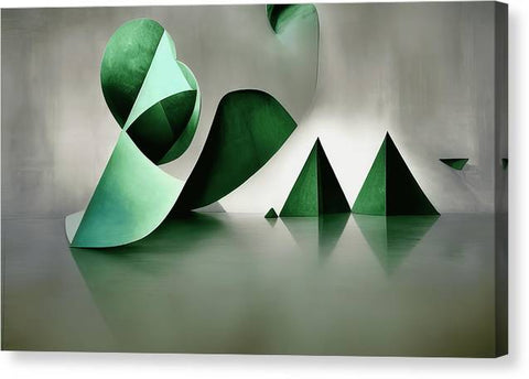 A beautiful green, glass sculpture is displayed on a green wall.