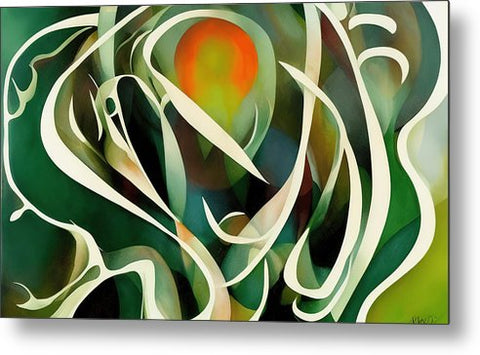 An abstract design of a bamboo plant near a white building and green flowers