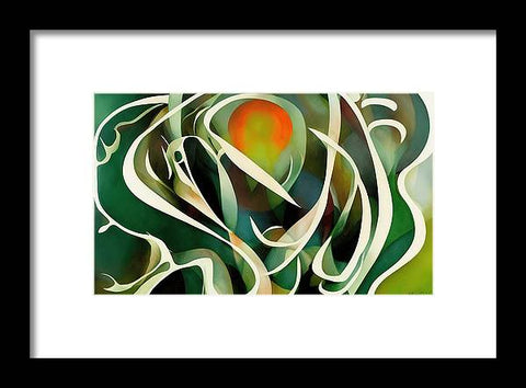 An artistic print of an abstract plant with a picture of green flowers next to it.