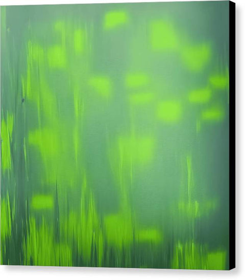 An abstract painting with many black green grass and green bushes on display