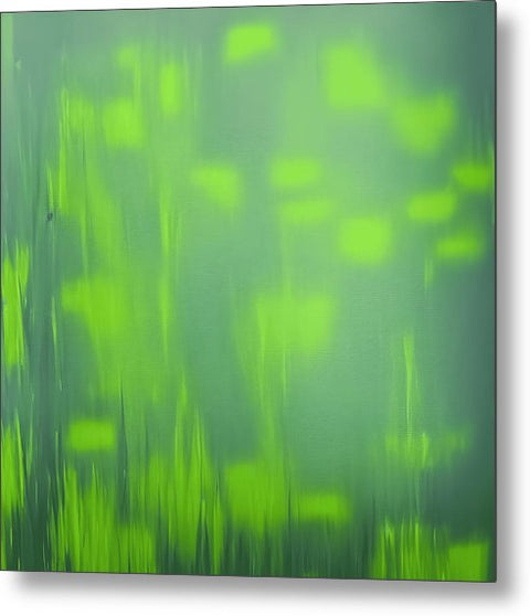 An abstract painting of green plants sitting next to a grassy area.