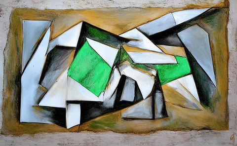 A painting that has multiple pieces of green kite flying across a brick wall.