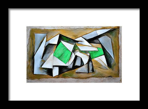 Art painting is laying on top of a table to show a green and white geometric painting