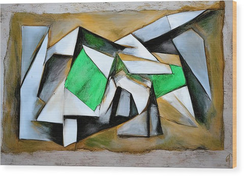 a painting that has an abstract painted body sitting on a wood frame