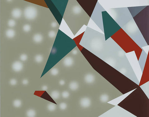 An abstract painting showing some faceted shapes   over a wall