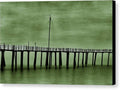 a pier with a boat dock and an art print on it
