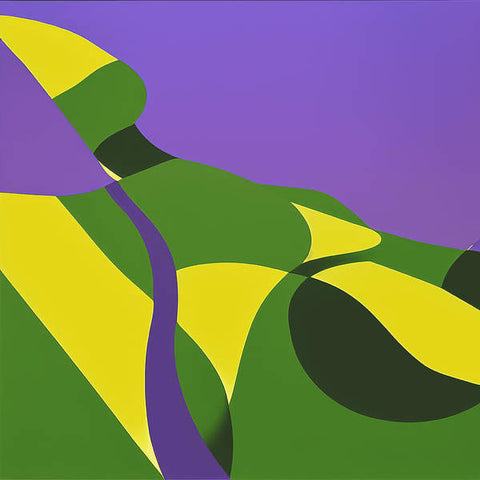 An abstract illustration of green mountains and yellow trees