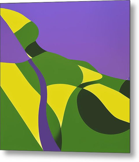 An abstract design of a wall surrounded by a green hillside painting