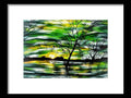 A painted art print of a green tree standing in a field near a lake